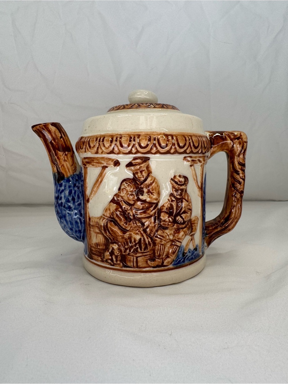Vintage Japanese Teapot Ceramic Relief Fishermen Cottage Scene w/ Lid Blue Brown